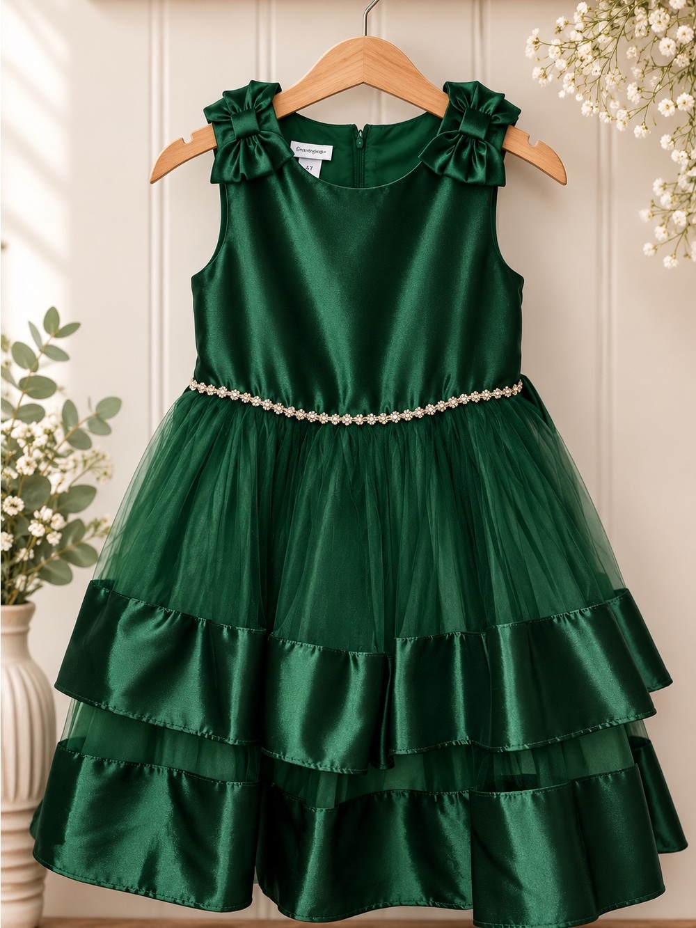 Bonnie Jean Emerald Green Satin & Tulle Party Dress with Pearl Trim